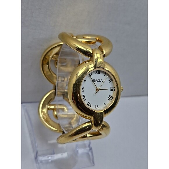 Saga by Mathey Tissot Womens Gold Tone Chunky Bracelet Watch Roman New Battery - Picture 3 of 11